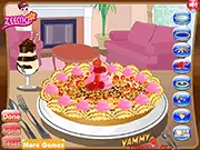 Screenshot of Yummy Strawberry Pie Maker game, showing a beautifully decorated strawberry pie with whipped cream and various toppings.