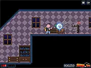 Screenshot from the Ghosts Stole My Puppy online action game showing the main character aiming a vacuum cleaner 'gun' at a flying cartoon ghost while jumping on a platform.