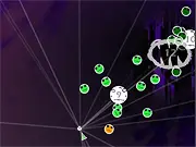 A large, glowing blue atom with multiple orbiting electrons maneuvering to steal an electron from a smaller, red atom in the game Electron Cloud
