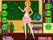 Online dress up game featuring a stylish female teacher model in a professional outfit, ready to teach fashion and academics