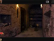 Screenshot of the game Escape from the Catacombs, showing a dark stone dungeon room with a torch and an interactive puzzle box