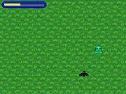 A green slime monster character evolving after eating in the free online adventure game Slimevolution