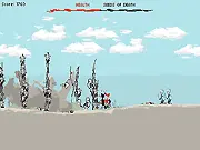Screenshot of the Skeleton Gardens hack-and-slash online game showing a skeleton character fighting off several human enemies with a weapon in a dark garden setting.