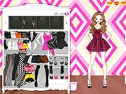 Screenshot of Modern Stage Look dress up game, showing a female character model with various glamorous stage outfits and accessories.