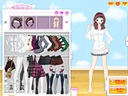 Screenshot of the Preppy Look Dress Up online game showing a female model in a stylish preppy outfit, surrounded by various cute clothes, skirts, and accessories available in the closet.