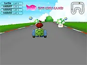 Crazy Turtle 3D Racing free online game screenshot showing a turtle character driving a kart on a colorful track with green mushrooms