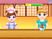 The free online cooking and time management game, Kids Learn to Make Food, showing Molly serving a burger and dessert to a customer in her food shop.