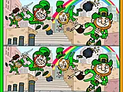 Two nearly identical pictures of a leprechaun with a pot of gold and shamrocks, highlighting the 'find the difference' free online puzzle game