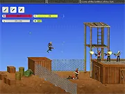 Gameplay screenshot of the free online action shooter Gun Nomads showing the main character shooting at enemies in a side-scrolling base environment