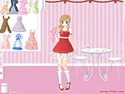 Anime girl dressed in a frilly pink Sweet Lolita outfit, selecting bows and accessories in the dress up online game