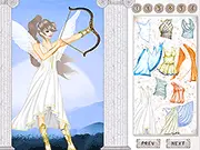 Screenshot of the game Artemis Dress-Up Game showing the character model of a young woman being dressed in a costume for the Greek Hunting Goddess Artemis.