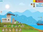 Crush the Ships free arcade defense game showing a cannon firing a ballistic weapon at enemy naval ships