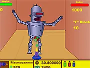 Gameplay screenshot from Futurama: Rise of the Robots showing a character aiming a futuristic gun at a swarm of attacking robots