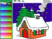Winter Forest House Coloring free online game, festive artwork of a house in a snowy forest at night