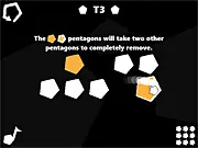 Gameplay screenshot of Pentanium puzzle game online, showing colorful pentagons that must be destroyed strategically