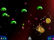 Galactic Flash free arcade space shooter game showing a spaceship, Flash, firing lasers at alien invaders