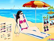 Summer Beach Party Dress Up game featuring a lady on a tropical beach wearing a stylish swimsuit and sunglasses