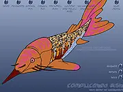 The customization screen for the game Complicated Fish, showing various tools, colors, and features used to decorate a cartoon fish – Play Free Online