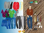 Screenshot of the free online Cool Boy Dressup game showing a male character in a stylish casual outfit, including a jacket and cool haircut, with clothing options displayed on the side.