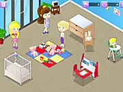 Frenzy Babysitter 2 game screenshot showing a busy daycare center with a caregiver attending to multiple babies