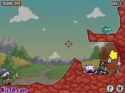 Gameplay screenshot of Aliens Get Out! online game, showing a bazooka blast sending green aliens flying through the air