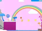 Gameplay screenshot of Gum Drop Hop 4 online game, showing Gummy the character jumping to collect multiple items in a colorful platform level