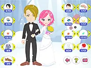 Screenshot of Winter Wedding Dressup online game showing a beautifully dressed bride and groom in a snowy outdoor wedding setting