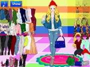 Winter Fashionista game image showing a beautifully dressed model in a layered, fashionable winter outfit with a coat, hat, and boots. Play free online dress up game.