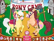 The main screen of Pony Camp Dressup, showing an equestrian rider and her pony ready for a makeover with various riding clothes and tack, free online game on PlayArcadeHub.