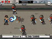 Gameplay of Rody Fight online game, showing a character defending three lanes against incoming crime and corruption enemies