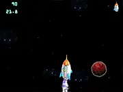 Screenshot of Super Speed game showing a vehicle racing at high velocity through a neon geometric tunnel avoiding obstacles