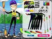 Screenshot of Kayak Boy Dress Up online game showing Rupert the boy and various clothing options for kayaking