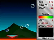 Bubbl Juggl free online game screenshot showing colorful floating bubbles being hit by a paddle, play Bubbl Juggl on PlayArcadeHub