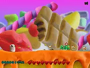 Screenshot of the free online Sugar Rush game showing cute clay-style graphics with sweets and a small, winged tooth fairy enemy attacking a candy-filled environment.