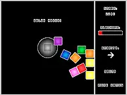 Screenshot of Gravity Shift, a physics puzzle game showing colored blocks in a square grid with a critical center area that must not be blocked.