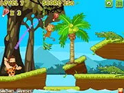 Lucas Vs Crocodile free online game screenshot showing Lucas throwing food towards an open-mouthed crocodile in water, play Lucas Vs Crocodile on PlayArcadeHub