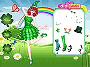 St. Patrick's Day Joy dress-up game image showing a character model wearing a beautiful green costume and accessories like shamrocks and a rainbow. Play free online holiday game.