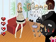 Screenshot of the Suitor's Gift Dress Up game showing a girl in an elegant dress, looking surprised and happy.