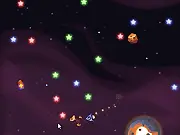Screenshot from Star Snatchers, showing a small spacecraft collecting glowing resources in a dark blue outer space environment.