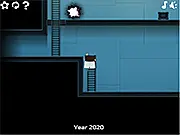 Mr. Timan game image showing the character standing near a glowing red button with a view of the level geometry changing between two different timelines. Play free online time-portal platformer.