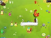 Crazy Easter Bunny game image showing a large bunny character collecting colorful Easter eggs and chicks while avoiding bombs and attacking Hens. Play free online game.