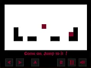 Screenshot of Red Blocked puzzle game showing a small red block character next to an impossible-looking gap on a minimalist blue and black level