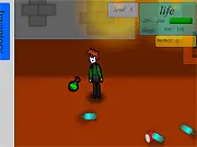 Screenshot of A Boy in a Town game showing the hero character fighting a monster in a dangerous, dark town street.