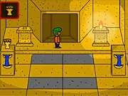 Qaz's Quest 2: Castle of Darkness game screenshot showing the hero Qaz standing in a dark dungeon, preparing to battle a large, shadowy fantasy boss creature.