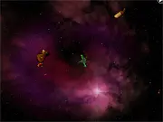 Kuiper free online space shooter game. A small spaceship firing lasers at large gray asteroids and avoiding enemy pirate ships in the dark void of space.