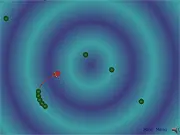 Gobble arcade game screenshot, small player object moving around a screen filled with circles to gobble up and circles to avoid, play free online
