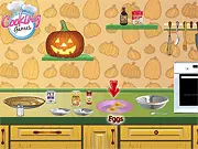 The Pumpkin Pie free online cooking game screenshot showing a Halloween themed pumpkin pie being baked on PlayArcadeHub