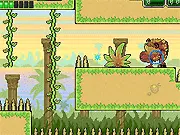 Gameplay screenshot of Raider - Episode 2 showing a pixelated character fighting an enemy while jumping across high columns and avoiding sharp ground spikes