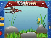 Gameplay screenshot of Sharpshooters Fair showing a crosshair aimed at various animated sea creatures, some carrying flags, in a colorful carnival setting