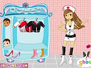 Screenshot of Dress Her Up free online game showing a cartoon girl model and various icons for selecting cute outfits and hairstyles.